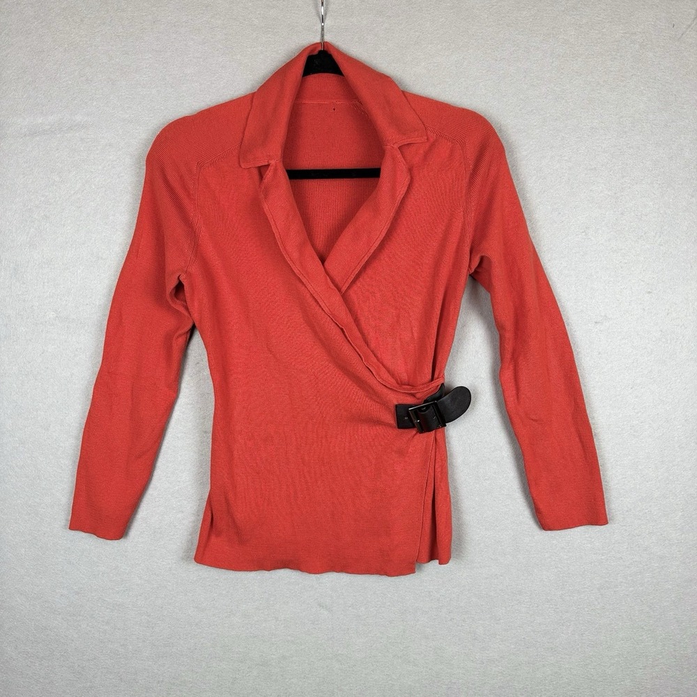 Nic+Zoe Orange Knit Wrap Y2K Top Side Buckle Long Sleeve Shawl Collar Med *read